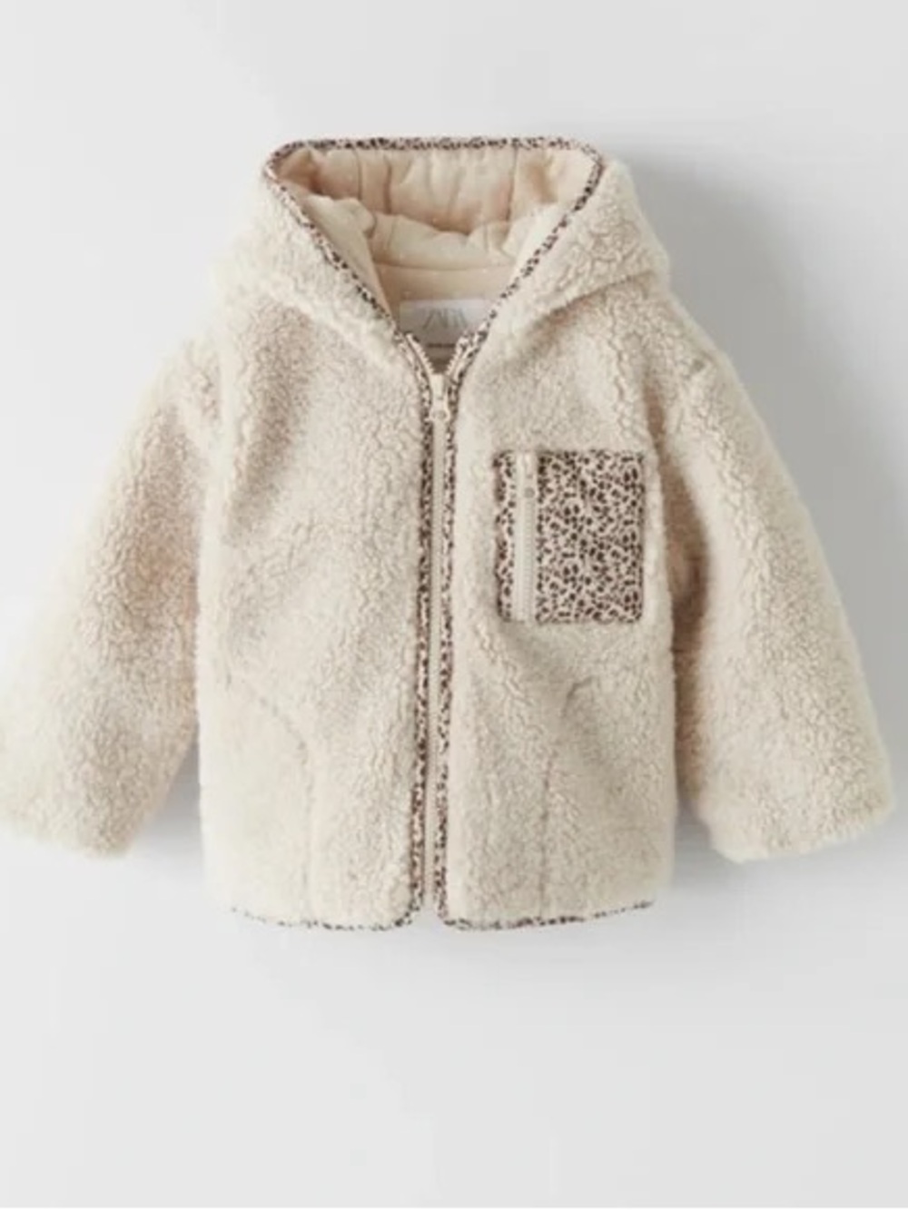 Hooded Teddy Fleece Jacket Floral Trim Patch Pocket Cream Zip Up Long Sleeve 3/4